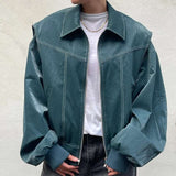Long Sleeve Turn-down Collar Zip Front Coat - L, Green image