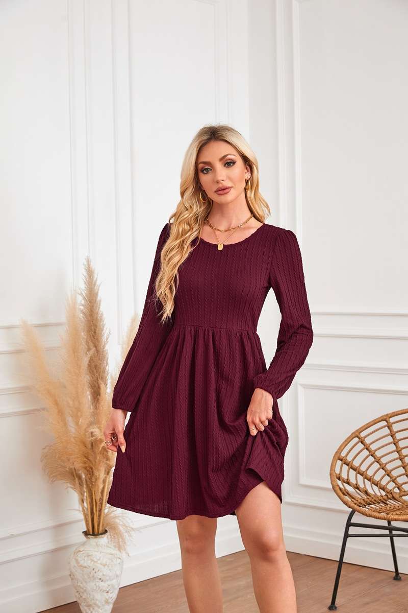 Long-sleeved Solid round neck Dress - XL, Carmine Red image