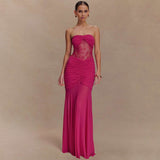 Strapless Ruched Maxi Dress with Lace - S, Rose image