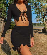 Two-Piece Skirt Set with  Tie Front Top - L, Black image