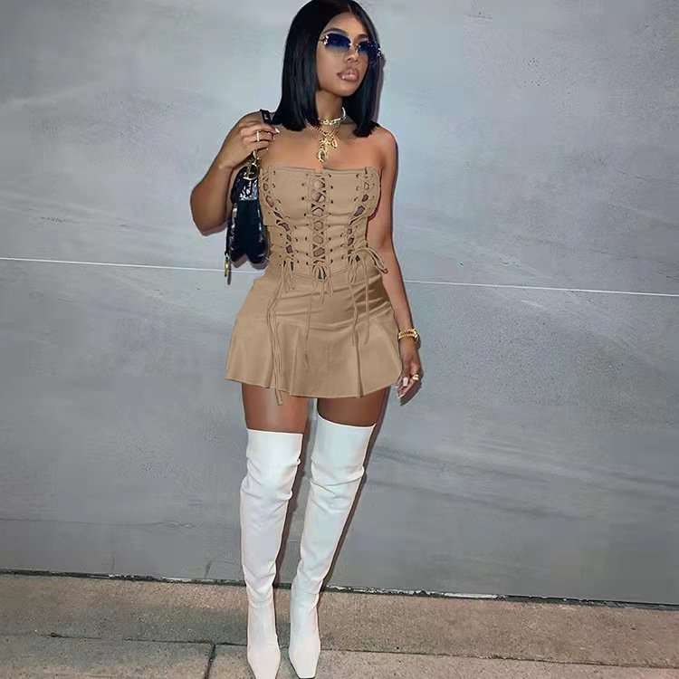 Strapless Lace-Up Corset Mini Dress - S, Beige image