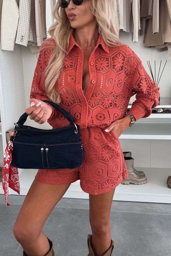 Crochet Button-Up Shorts Set - M, Red image