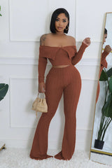 long sleeve ribbed shirt flared pants - XL, Gingerbread Brown image