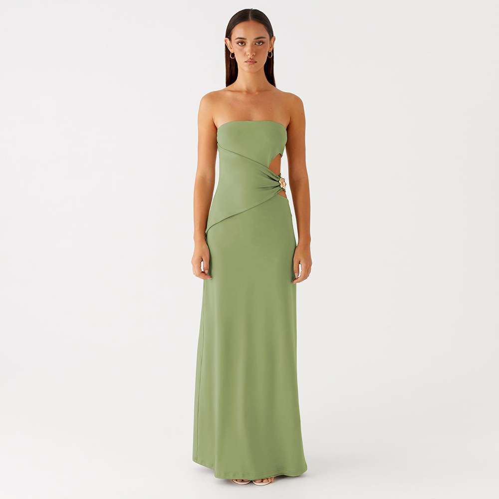 Strapless Maxi Dress with Side Cutout - M, Green image