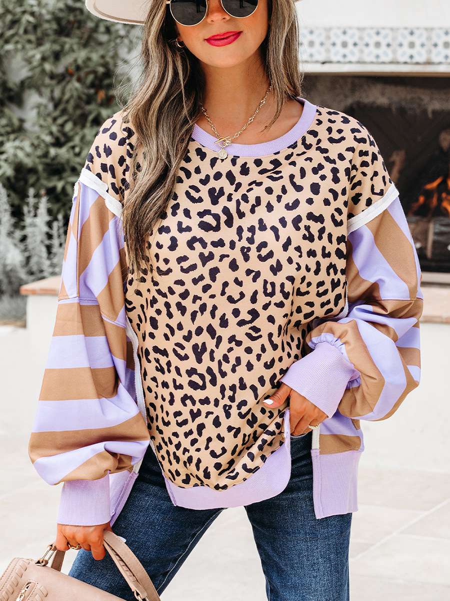 Leopard Print & Striped Casual Top image 0