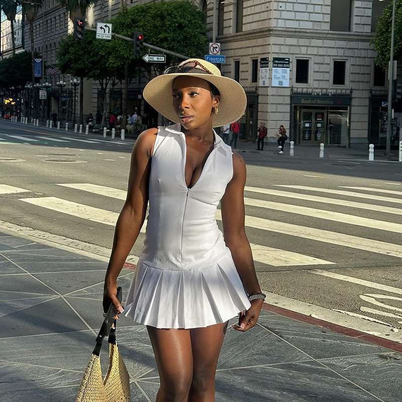 LuxeSport Pleated Zip-Up Mini Dress - S, White image