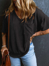 Textured V-Neck Short Sleeve Top - S, Black image