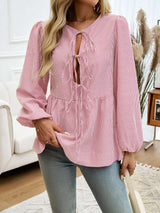 Women Striped Tie-Up Neck Top - S, Blossom Pink image