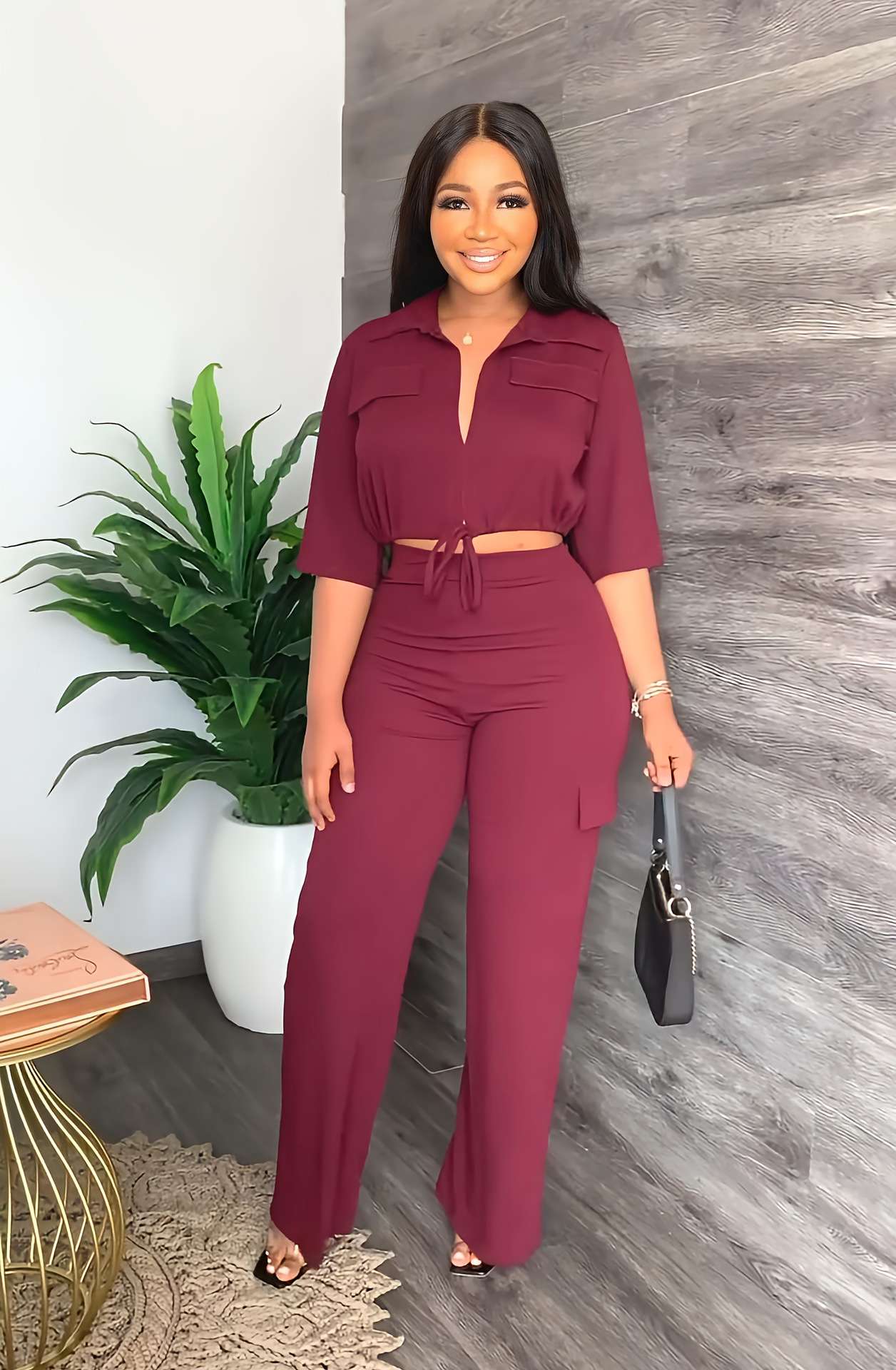 Casual Drawstring Top High Waist Pants Commuting Set - M, Red image