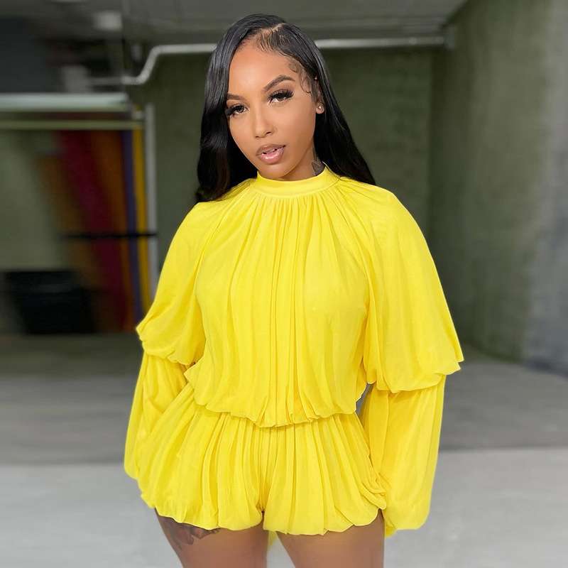 Elegant Pleated Jumpsuit  with Dramatic Sleeves - M, Yellow image