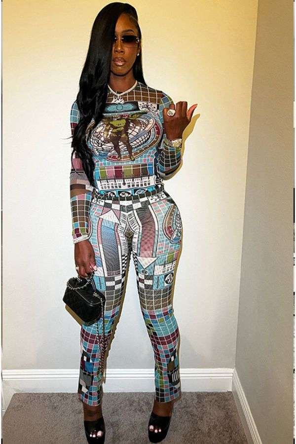 Geometric Print Crop Top High Waist Pant - S, Multi Blue image