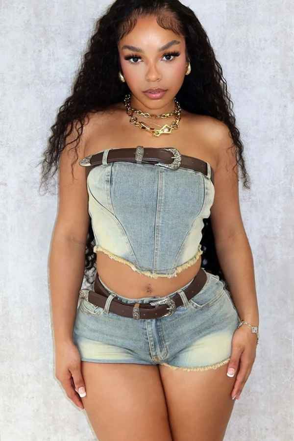 Sexy OffShoulder Denim Crop Top Mini Shorts Set no Belt image 0