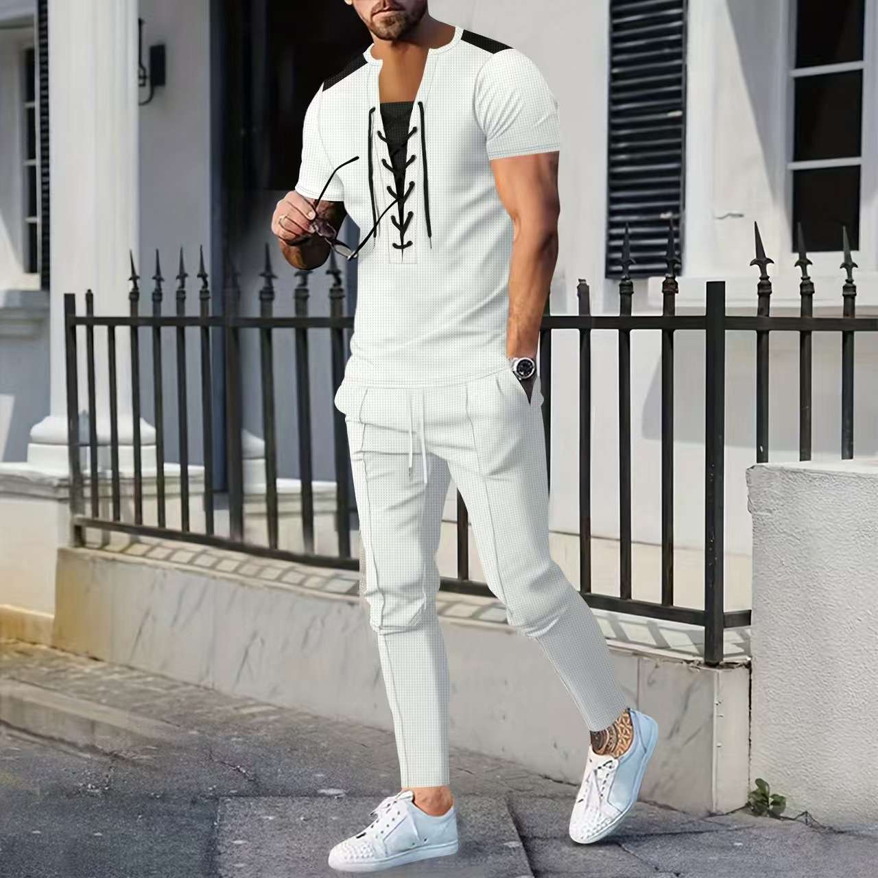 Stylish Men's Casual Laced Front T-Shirt & Pants Set - L, White image