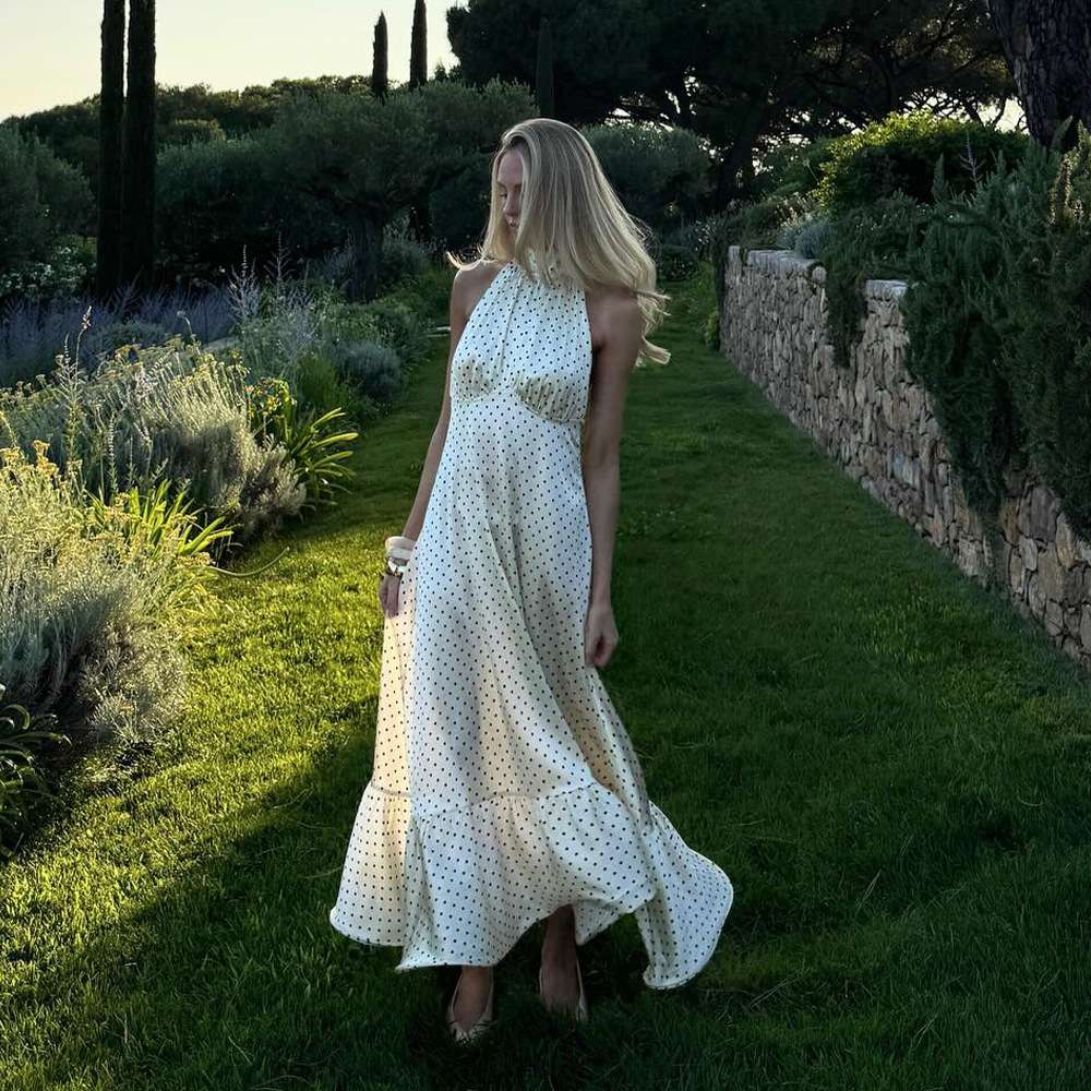 Polka Dot Halter Maxi Dress - L, White image