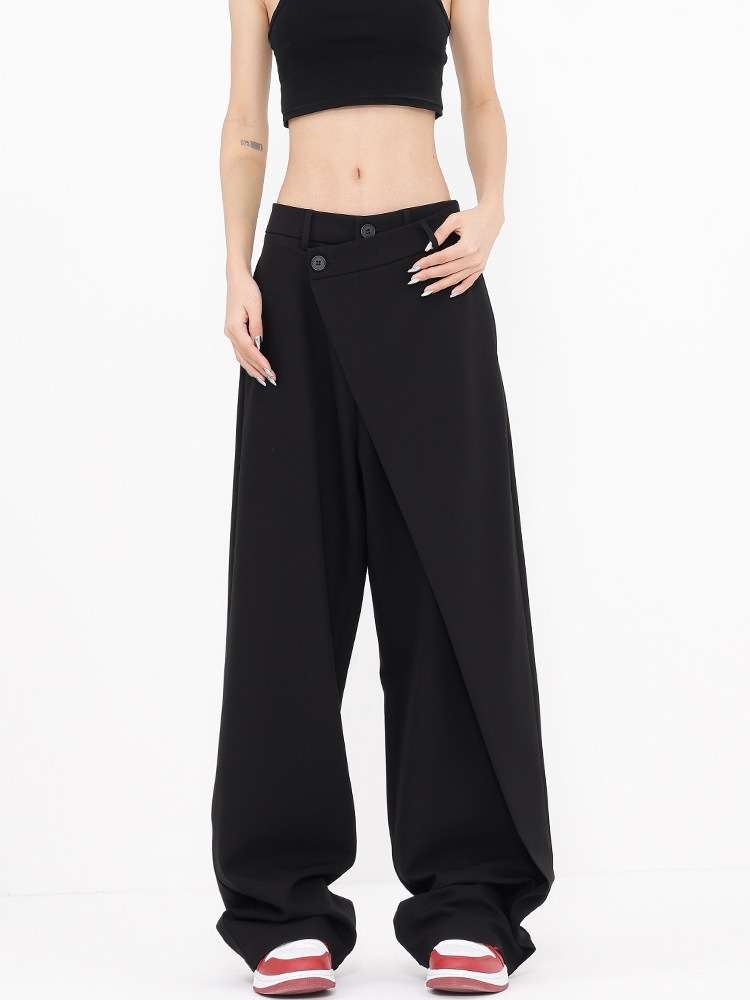 High waist loose pants with patchwork buttons - S, Black image