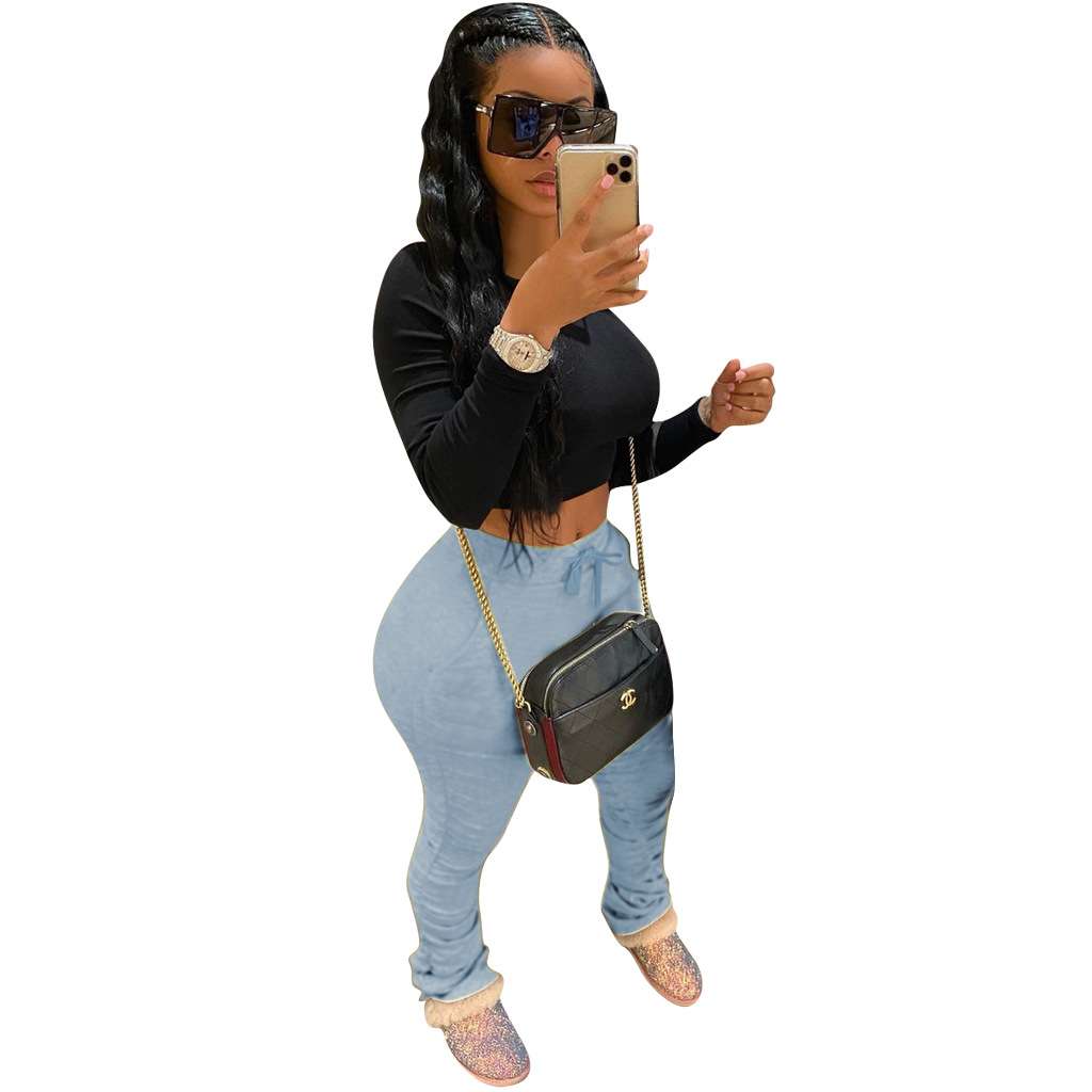 Solid Patchwork Pencil Pants - M, Light Blue image