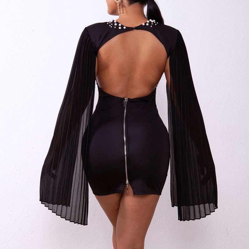 Backless Pearl Detail Pleated Split Sleeve Dress image 2