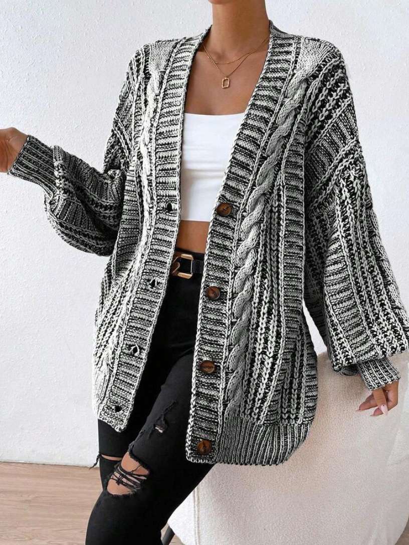 Oversized Cable Knit  Cardigan Jacket - L, Grey image