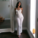 Halter V-neck 3d flower Crochet Jumpsuit - L, White image