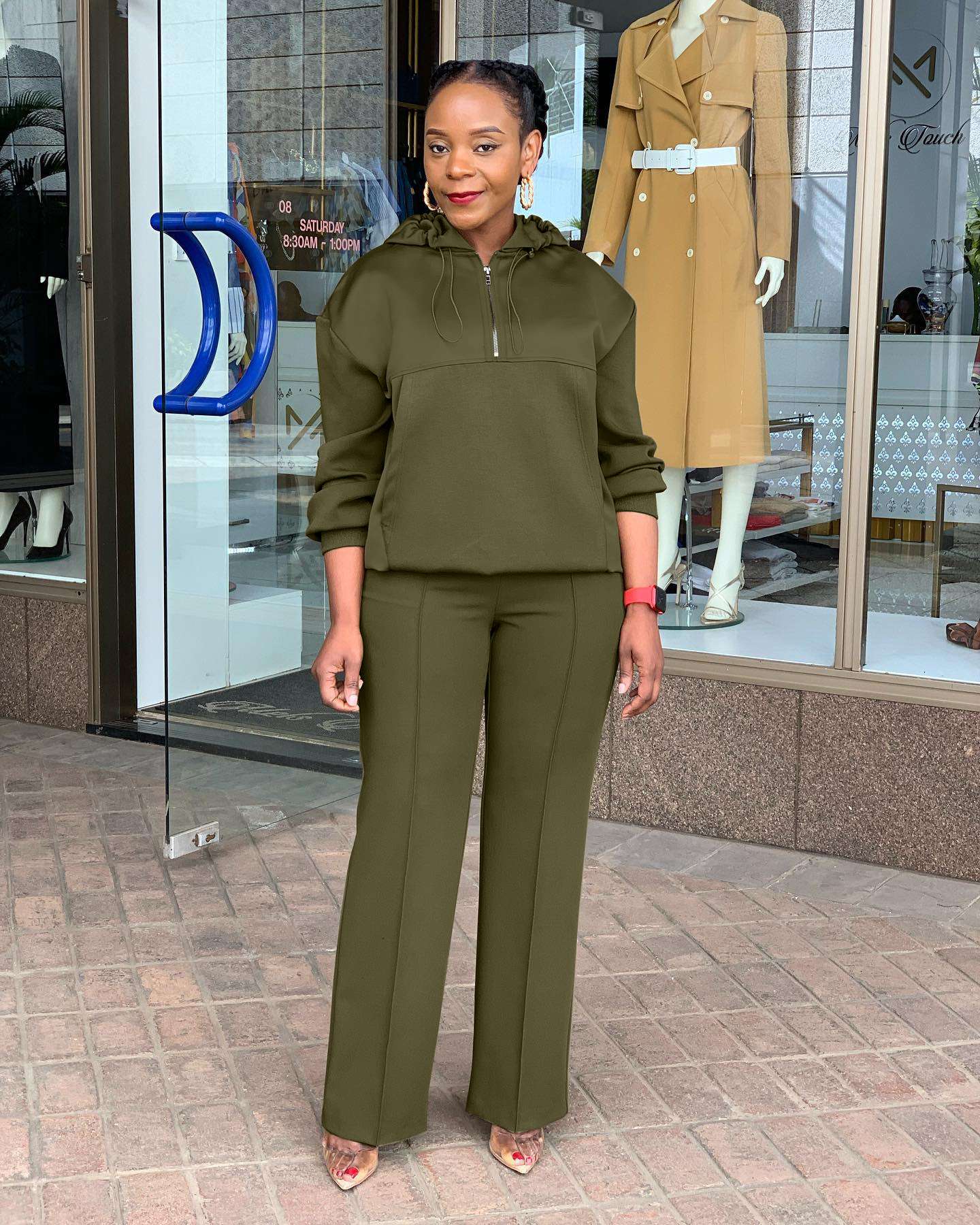 Casual Army Green Hooded Long Sleeve  Pull-On Two Piece Sets image 1