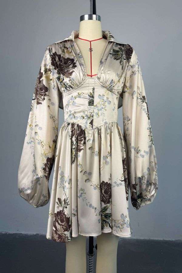 Low Cut V-neck Slim Long Sleeve Midi Dress - S, Multi Beige image