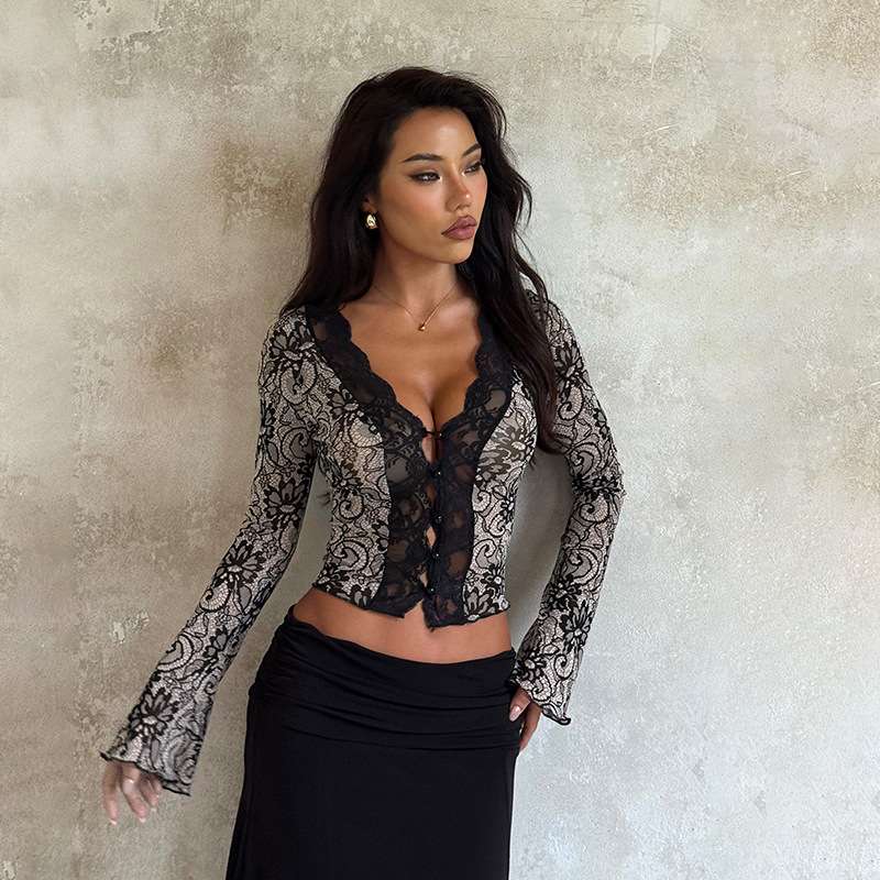 Sheer Lace Button-Up Top - S, Black image