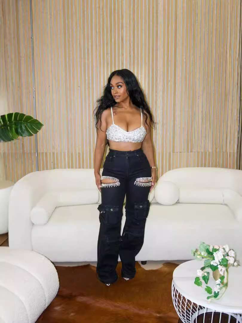 Rhinestone Cutout Cargo Jeans in Black - XL, Black image
