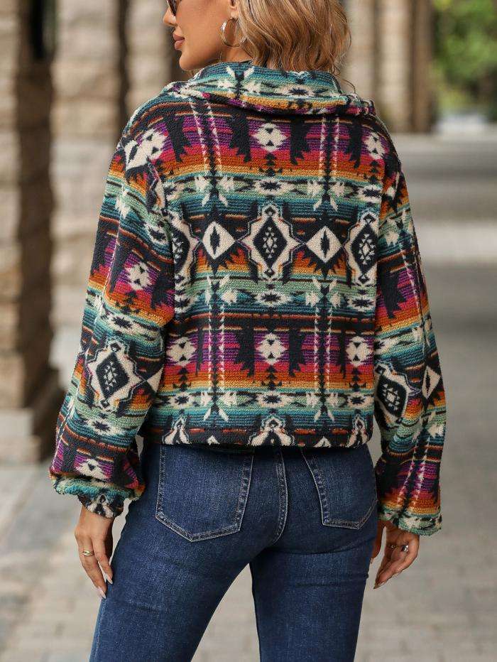 Fleece Jacket Ethnic Print Long Sleeve Shacket image 2