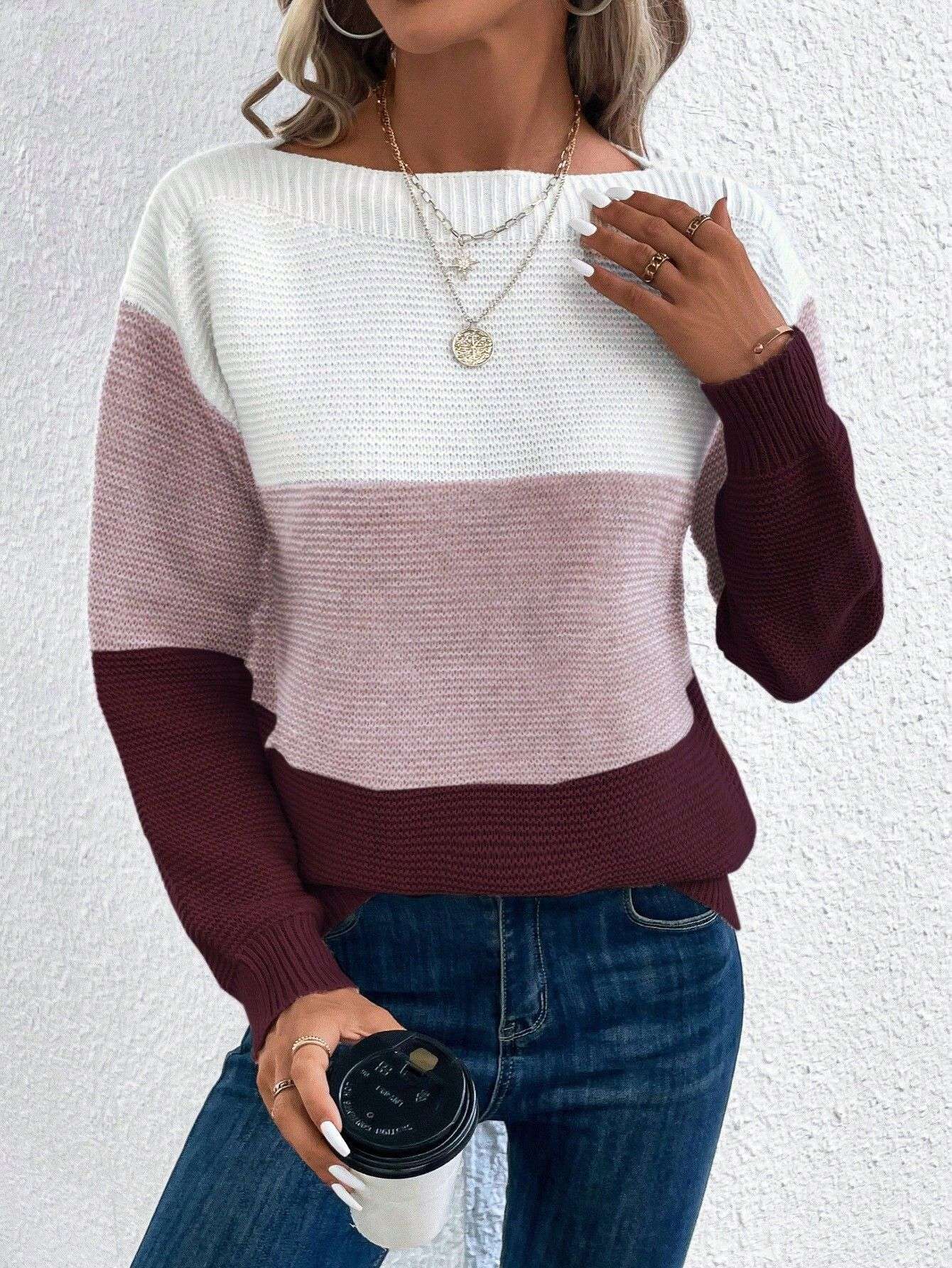 Modern & stylish sweater with splicing and a boat neckline image 0