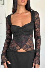 Floral Lace Long-Sleeve Overlay Top with Ruched Bust image 0