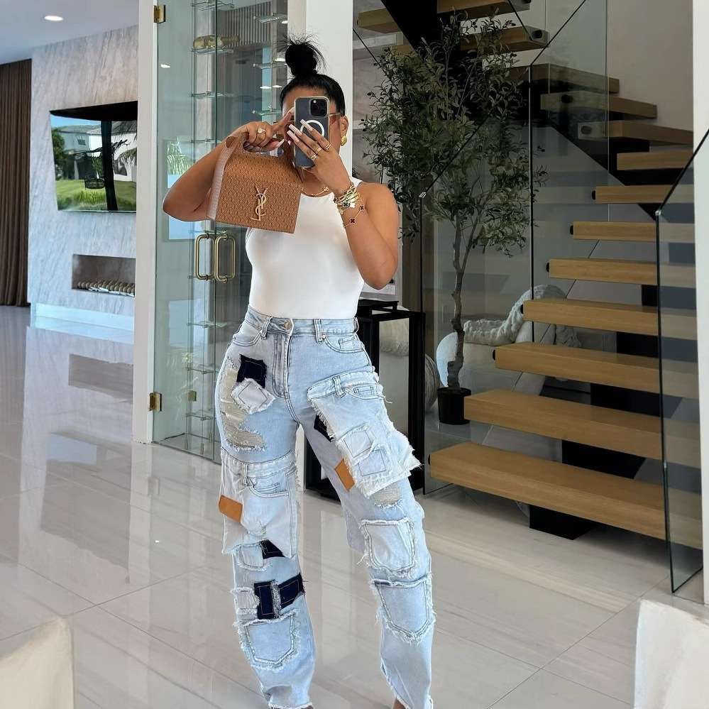 Distressed Patchwork Wide-Leg Ripped Jeans image 5