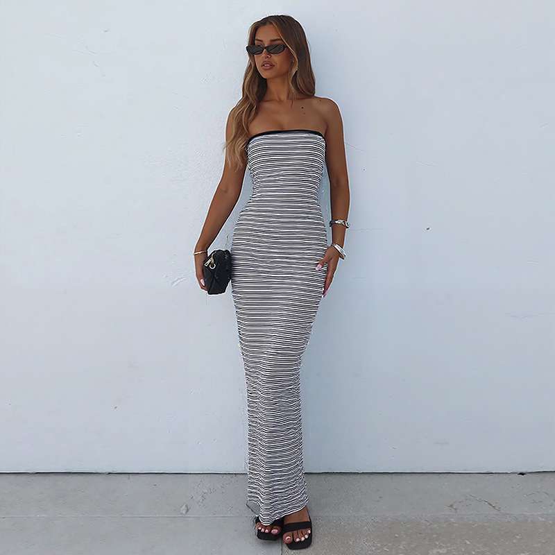 Striped Strapless Maxi Dress - L, Black image