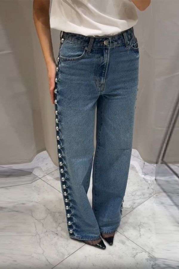 Wide-Leg Pants with Side Studded Detailing - L, Blue image