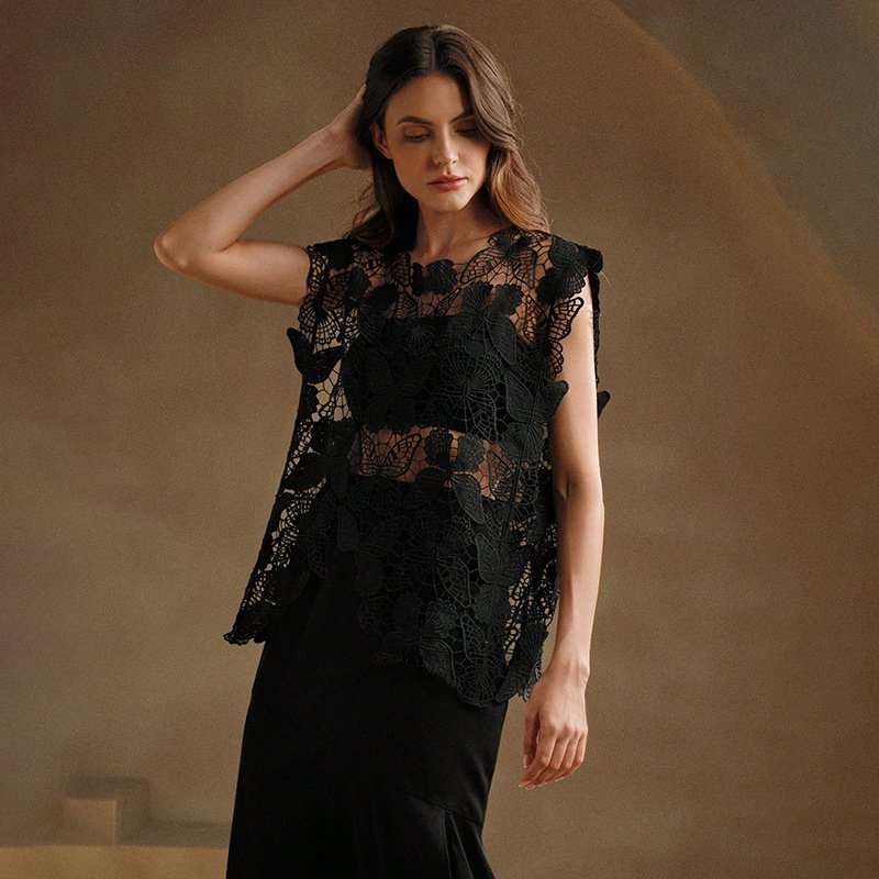 Butterfly Lace Crochet Top - Free Size, Black image