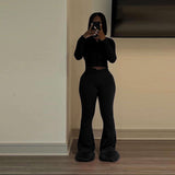 Solid Zipper Slim Two Piece Tracksuits Set - L, Black image