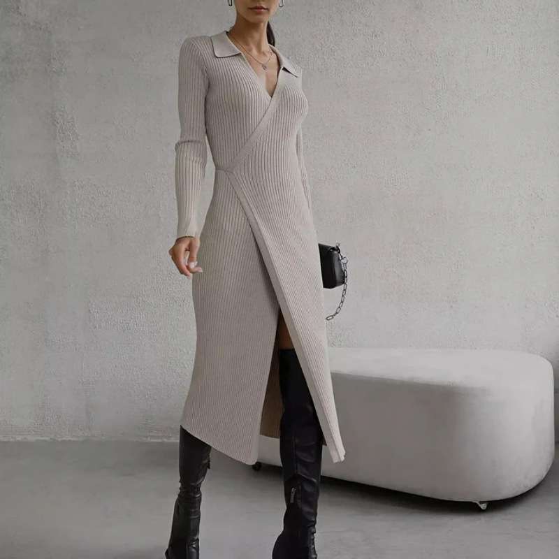 Ribbed-knit Wrap Midi Dress - M, Abbey Stone Beige image