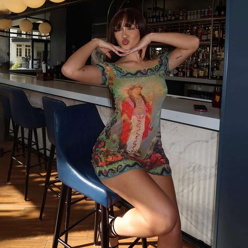 Vintage Printed Mini Dress - S, Multi Green image