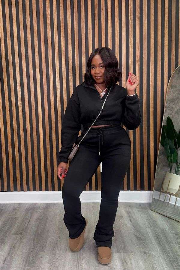 2 Pieces Crop Top Jacket Jogger Pants Set - L, Black image