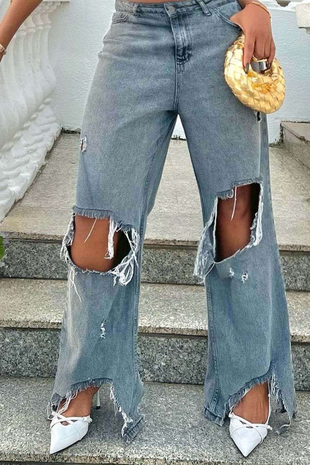 Distressed high-waisted wide-leg jeans - S, Denim Blue image