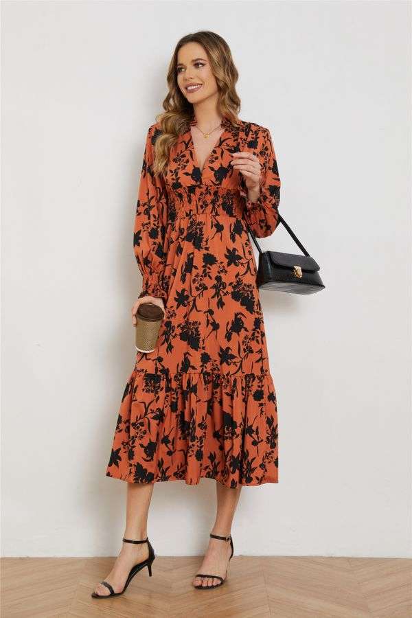 Autumn Bloom Smocked Midi Dress - S, Brown image