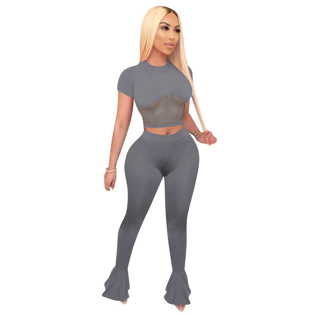 Mesh Short Sleeve Top and Flared Pants - XL, Glacier Grey image