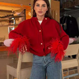 Luxurious Feather-Accented Button-Front Sweater - M, Red image
