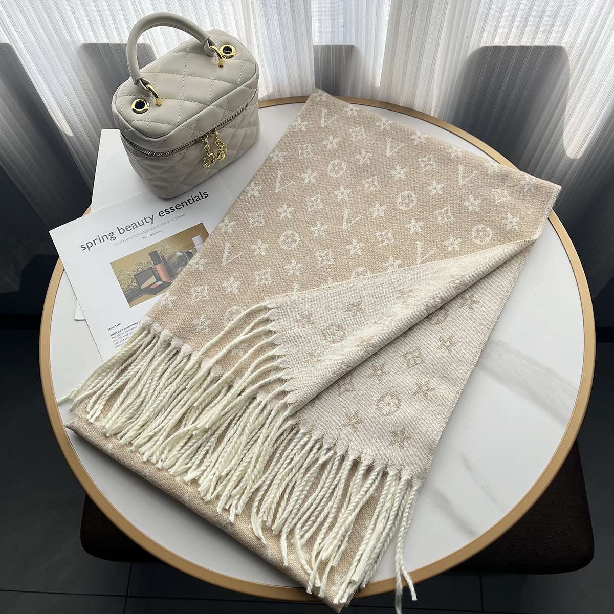 Contrast Monogram print Stole - Free Size, Alesan Beige image