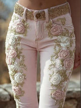 Floral Jeans with Detailing - S, Pink image
