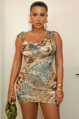 Abstract Print Double Layer Bodycon Dress - S, Multi Brown image