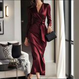 Elegant Satin Style Wrap Dress - L, Red image