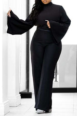 Elegant Trumpet Sleeve Top and Pants Set - S, Black image