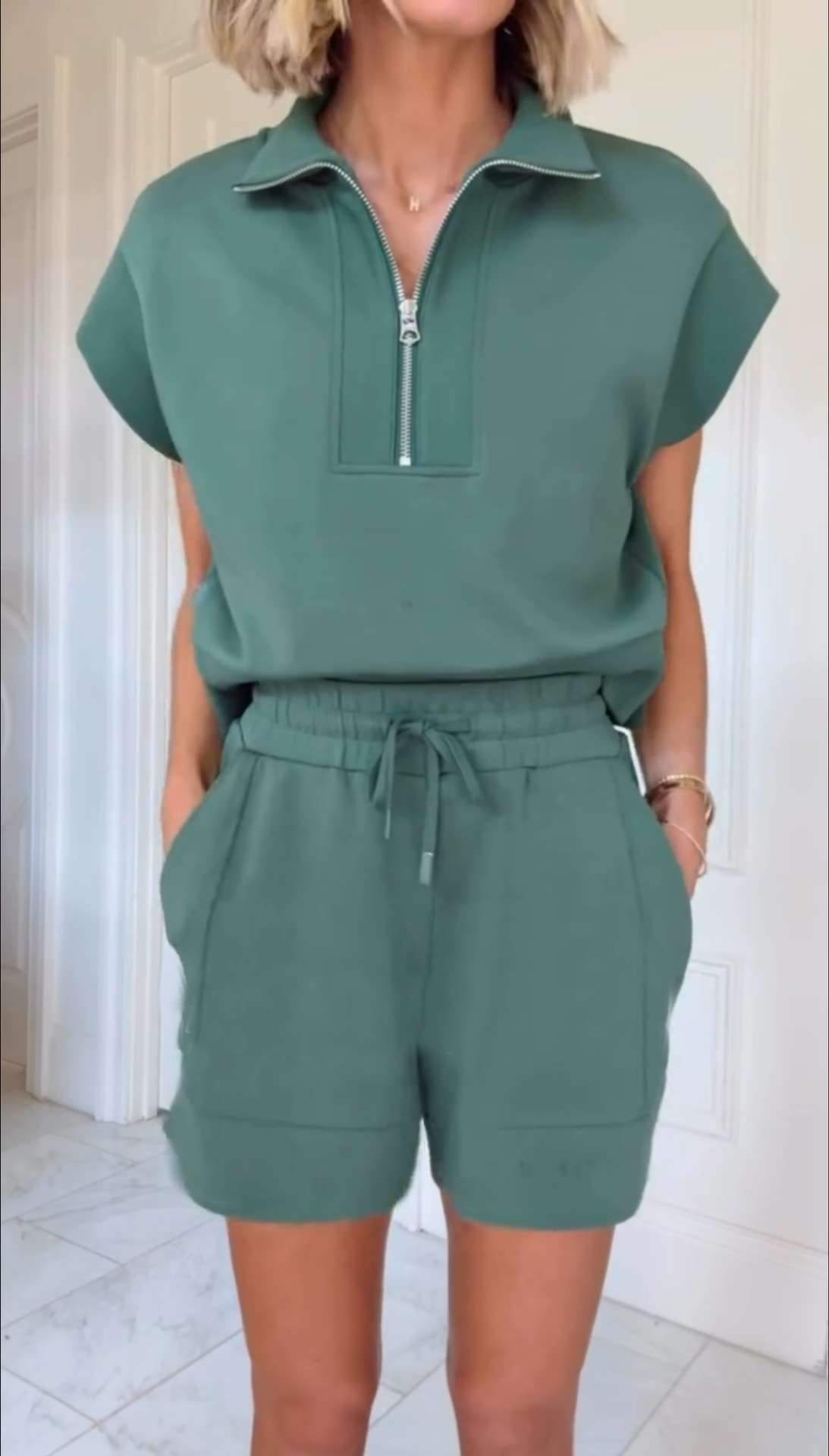 Casual Zipper Top & Drawstring Shorts Set - M, Green image
