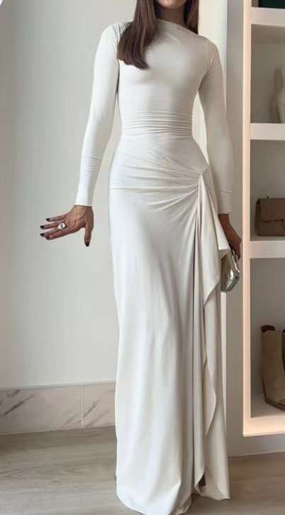 Elegant Solid Color Slimming Dress - M, White image