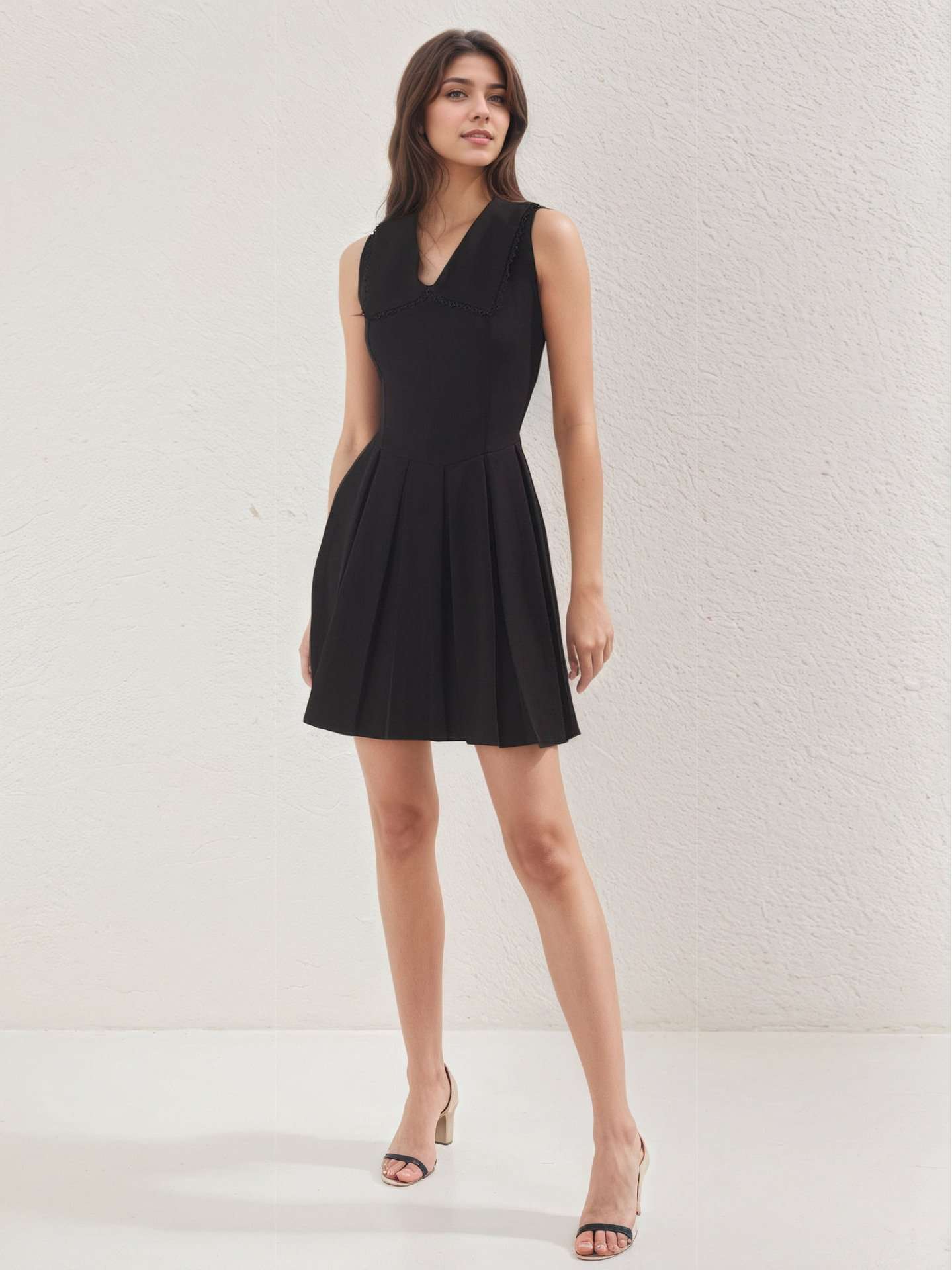 Elegant Pleated Sleeveless Dress - M, Black image